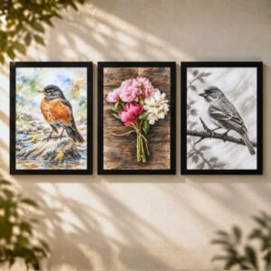 Flowers and Black & White Bird Sketch