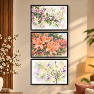 Botanical Nature Wall Art with Pink Blossoms, Orange Flowers and Purple Blooms